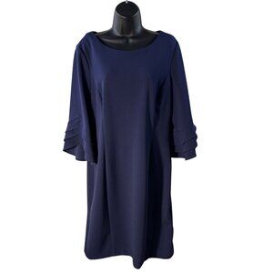 DKNY Navy Blue Bell Sleeve Sheath Dress With Tiered Ruffle Detail Zipper Closure